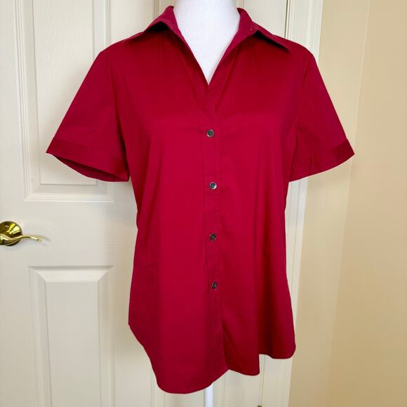 Theory Button Front Stretch Poplin Short Sleeve Blouse Red Collared Shirt Large - Picture 4 of 6